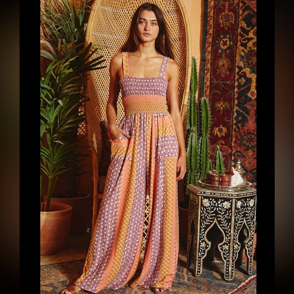 ✨NEW LIST✨ Comfy Boho Striped Patterned Jumpsuit Smocked Top Wide Leg Palazzo - Picture 3 of 7